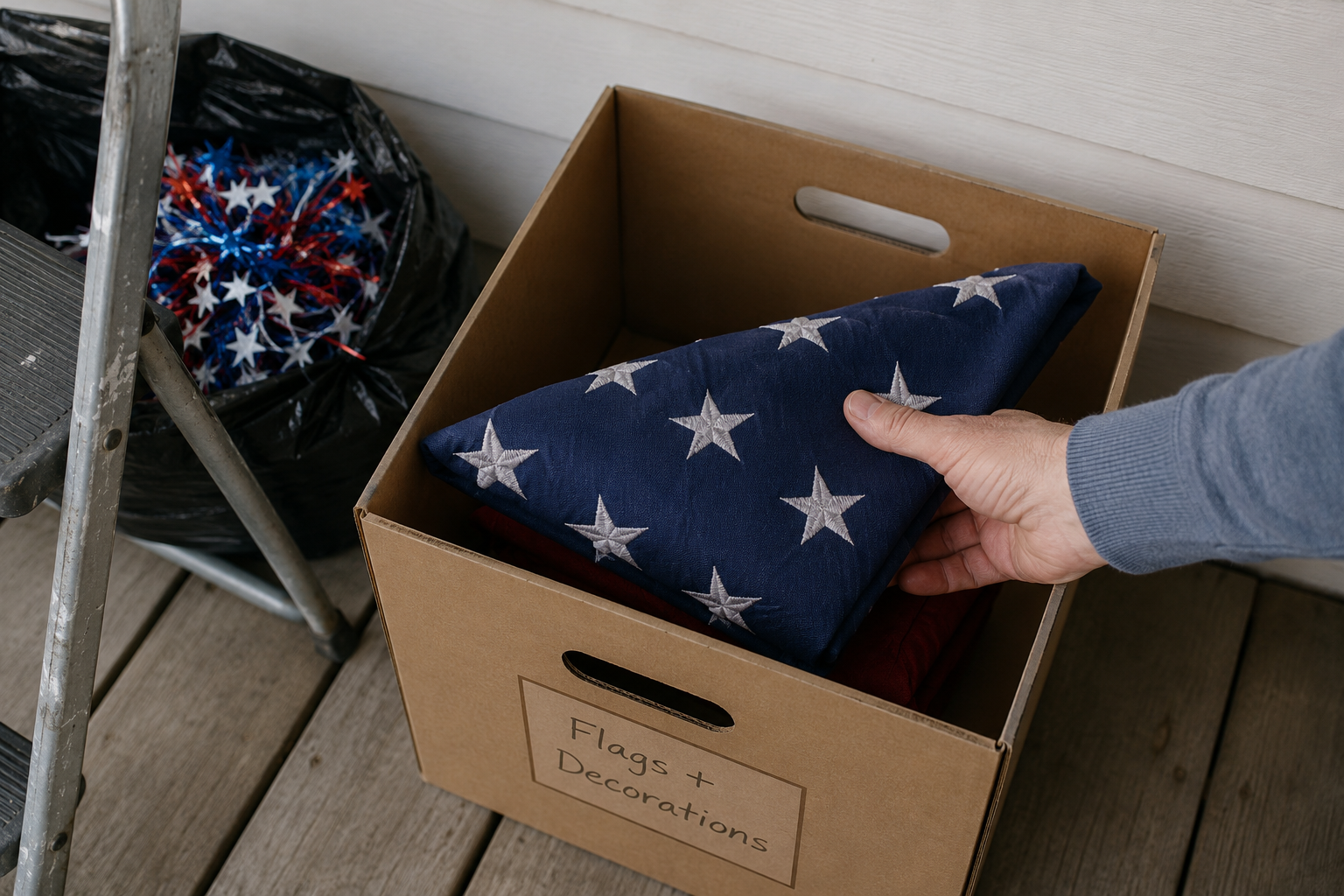 Placing folded flag in a box